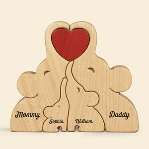 Belle famille - Puzzle en bois personnalisé en forme d'éléphant - Sculptures d'animaux en bois, ornements de table en bois sculpté, décoration en bois sculpté - Cadeau pour les membres de la famille