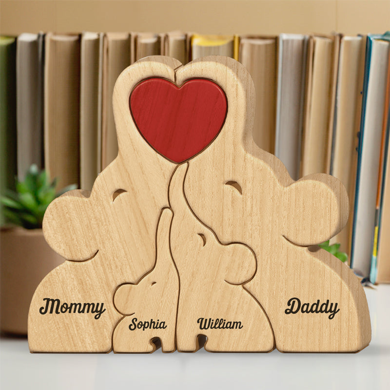 Belle famille - Puzzle en bois personnalisé en forme d'éléphant - Sculptures d'animaux en bois, ornements de table en bois sculpté, décoration en bois sculpté - Cadeau pour les membres de la famille