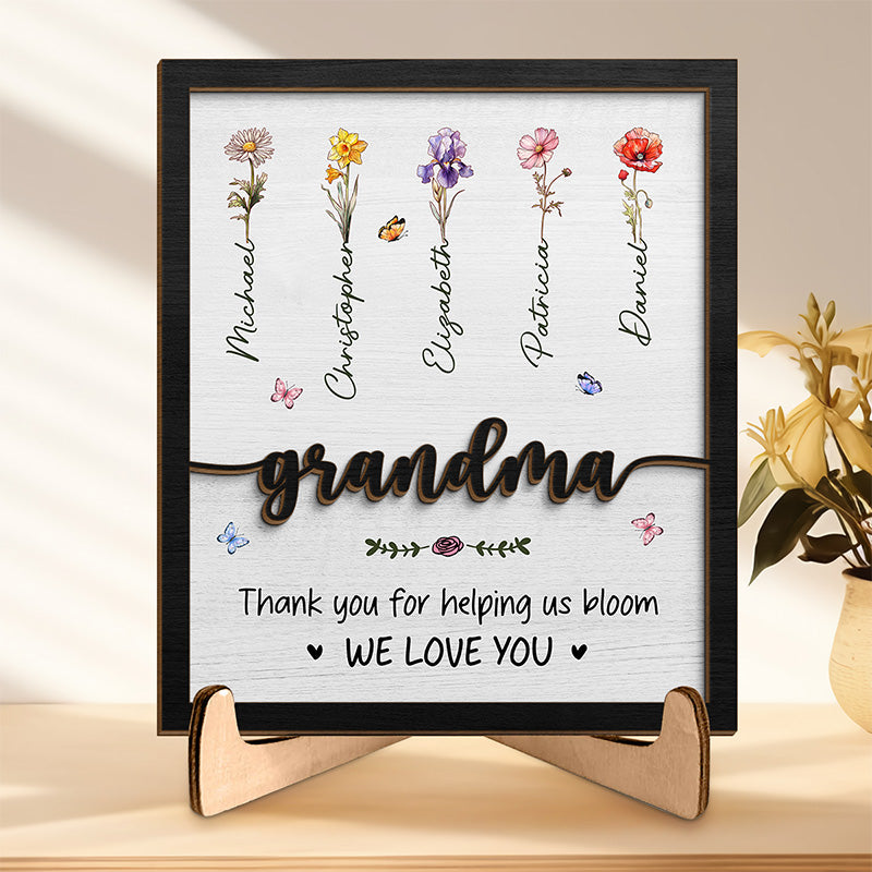 Merci de nous aider à fleurir - Plaque en bois personnalisée à 2 couches avec support - Cadeau de pendaison de crémaillère pour maman et grand-mère