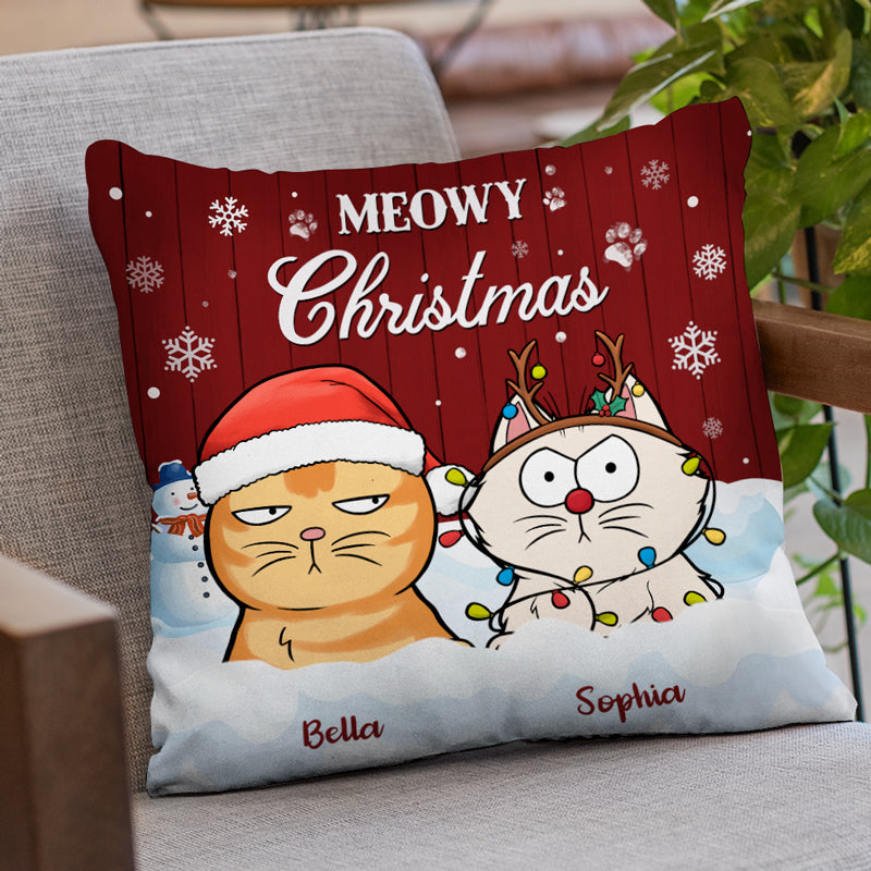 Coussin personnalisé « Chat Meowy Christmas » – Cadeau de Noël pour les propriétaires et les amoureux des animaux