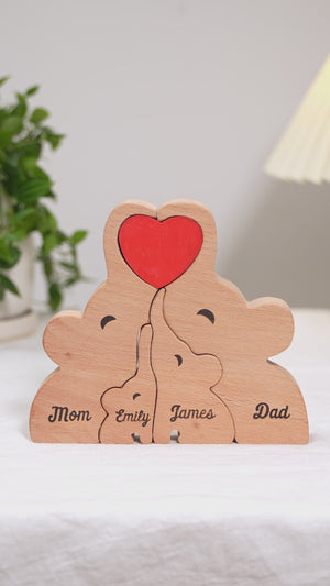 Belle famille - Puzzle en bois personnalisé en forme d'éléphant - Sculptures d'animaux en bois, ornements de table en bois sculpté, décoration en bois sculpté - Cadeau pour les membres de la famille