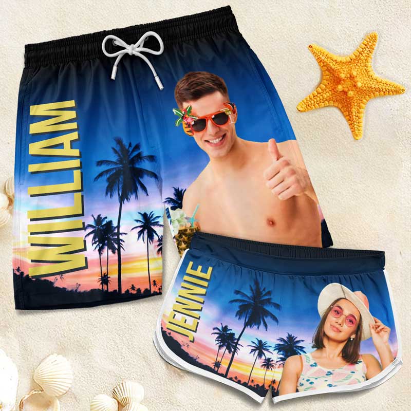 Short de plage hawaïen personnalisé avec photo « Heure d'été » - Cadeau amusant pour les vacances d'été, les anniversaires et les fêtes de fin d'année.