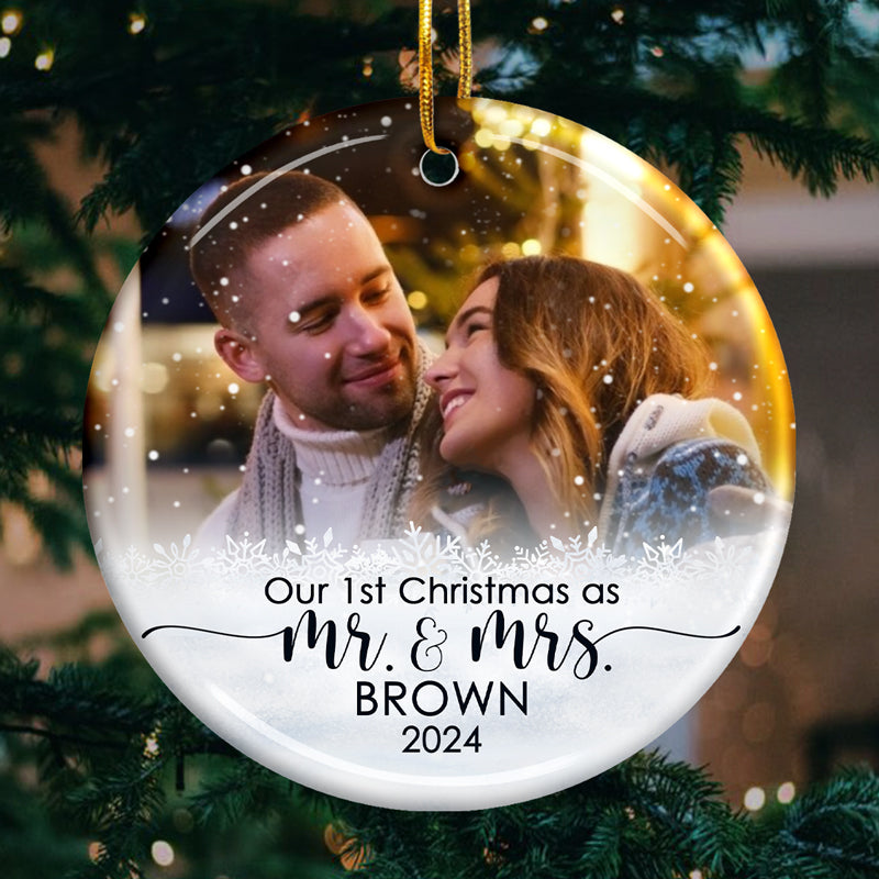 Our 1st Christmas As Mr & Mrs - Personalized Custom Round Shaped Ceramic Photo Christmas Ornament - Upload Image, Gift For Couple, Husband Wife, Anniversary, Engagement, Wedding, Marriage Gift, Christmas Gift