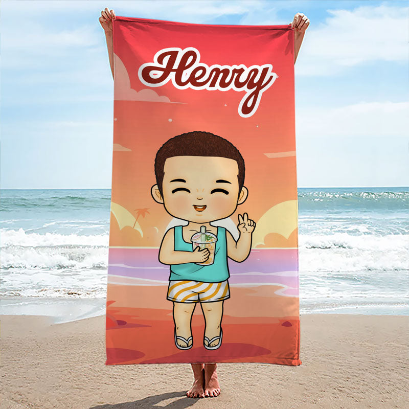 La plage est le meilleur endroit - Serviette de plage personnalisée pour toute la famille - Cadeau pour les vacances d'été, un anniversaire ou une fête à la piscine