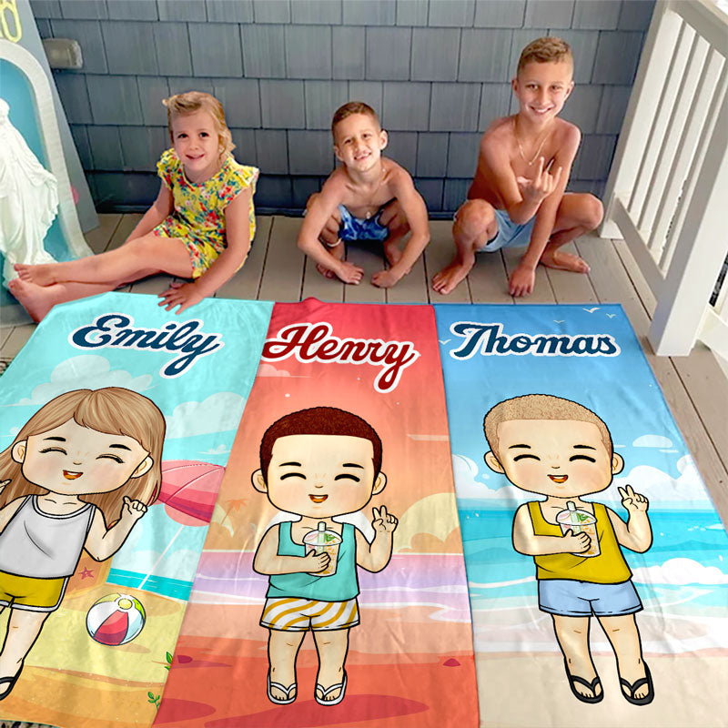 La plage est le meilleur endroit - Serviette de plage personnalisée pour toute la famille - Cadeau pour les vacances d'été, un anniversaire ou une fête à la piscine