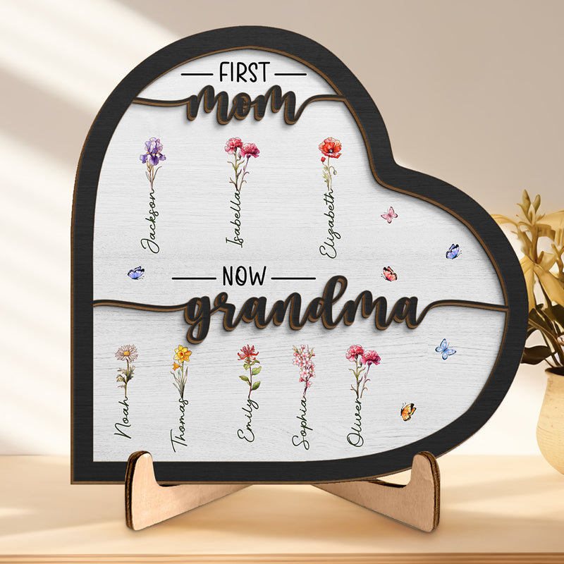 Première maman, maintenant grand-mère - Plaque en bois personnalisée à 2 couches avec support - Cadeau de pendaison de crémaillère pour maman et grand-mère