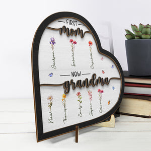 Première maman, maintenant grand-mère - Plaque en bois personnalisée à 2 couches avec support - Cadeau de pendaison de crémaillère pour maman et grand-mère