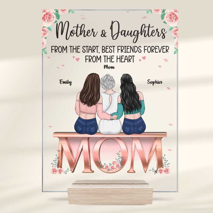 Mère et filles, meilleures amies du cœur - Plaque acrylique personnalisée pour la famille - Cadeau de fête des mères et d'anniversaire pour maman