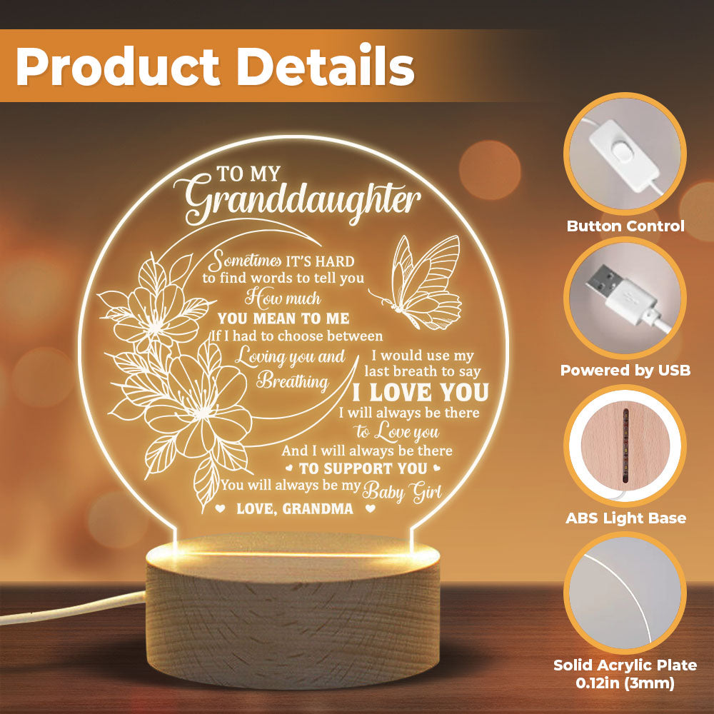 Je serai toujours là pour t'aimer - Lampe de nuit en acrylique - À ma petite-fille, cadeau pour petite-fille, cadeau de grand-mère pour petite-fille, cadeau d'anniversaire pour petite-fille, cadeau de Noël