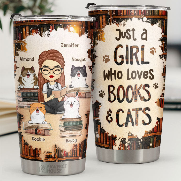 Juste une fille qui aime les livres et les chats - Gobelet personnalisé - Cadeau pour les amoureux des chats, propriétaires de chats, cadeau pour chat, cadeau pour les amoureux des animaux