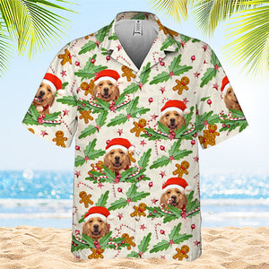 Candy Cane & Gingerbread Pattern - Dog & Cat Personalized Custom Unisex Hawaiian Shirt - Upload Image, Dog Face, Cat Face - Summer Vacation Gift, Gift For Pet Owners, Pet Lovers