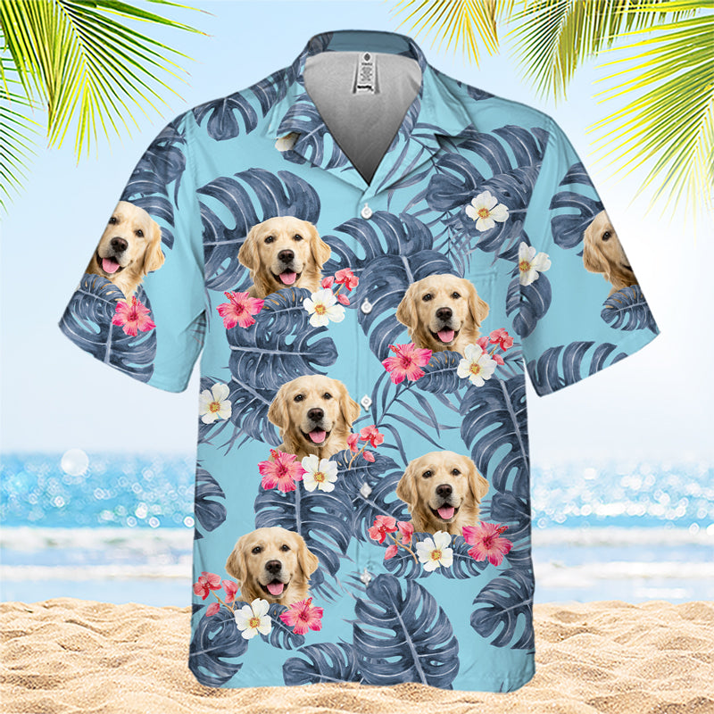 Feuilles tropicales et animaux de compagnie - T-shirt hawaïen unisexe personnalisé pour chien et chat - Télécharger une image, visage de chien, visage de chat - Cadeau vacances d'été, cadeau pour propriétaires d'animaux et amoureux des animaux