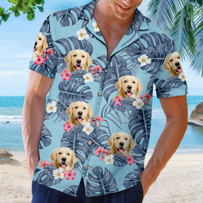 Feuilles tropicales et animaux de compagnie - T-shirt hawaïen unisexe personnalisé pour chien et chat - Télécharger une image, visage de chien, visage de chat - Cadeau vacances d'été, cadeau pour propriétaires d'animaux et amoureux des animaux