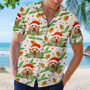 Candy Cane & Gingerbread Pattern - Dog & Cat Personalized Custom Unisex Hawaiian Shirt - Upload Image, Dog Face, Cat Face - Summer Vacation Gift, Gift For Pet Owners, Pet Lovers