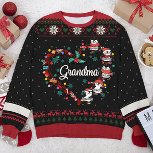 Noël des petits pingouins de grand-mère - Sweat-shirt moche personnalisé pour la famille - Pull en laine unisexe - Cadeau de Noël pour grand-mère et grands-parents