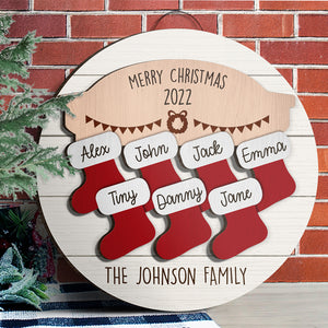 Chaussette de Noël familiale - Panneau de Noël personnalisé en bois, panneau à deux niveaux - Cadeau pour la famille, cadeau de Noël