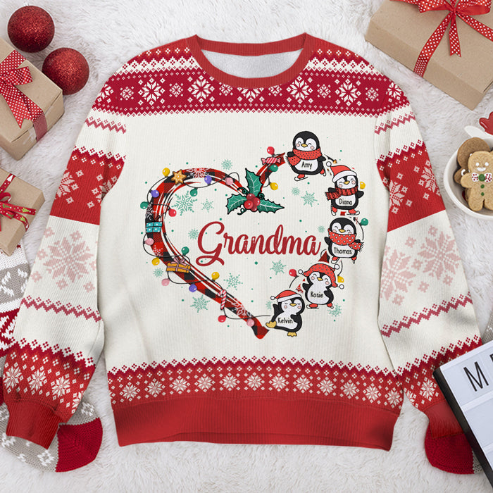 Les petits pingouins de grand-mère - Sweat-shirt de Noël unisexe personnalisé et moche, sweat-shirt en laine, sweat-shirt imprimé intégral - Cadeau pour grand-mère, grands-parents, cadeau de Noël
