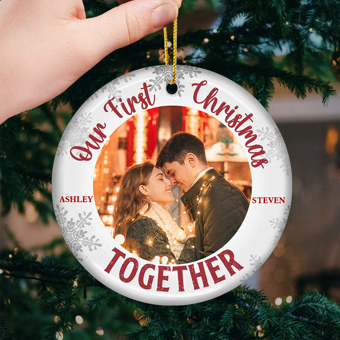 Our First Christmas Together - Personalized Custom Round Shaped Ceramic Photo Christmas Ornament - Upload Image, Gift For Couple, Husband Wife, Anniversary, Engagement, Wedding, Marriage Gift, Christmas Gift