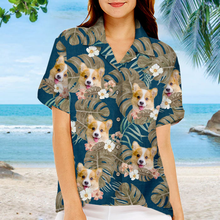 Feuilles tropicales et animaux de compagnie - T-shirt hawaïen unisexe personnalisé pour chien et chat - Télécharger une image, visage de chien, visage de chat - Cadeau vacances d'été, cadeau pour propriétaires d'animaux et amoureux des animaux