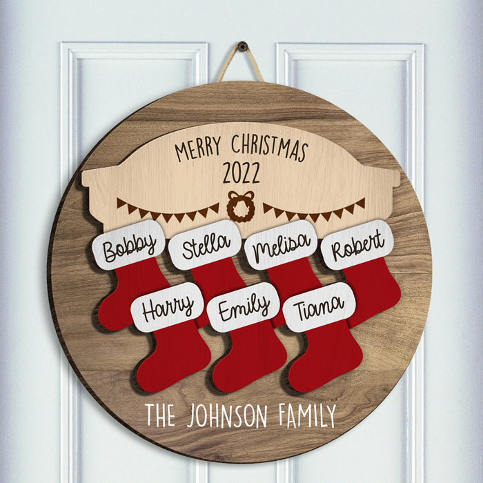 Chaussette de Noël familiale - Panneau de Noël personnalisé en bois, panneau à deux niveaux - Cadeau pour la famille, cadeau de Noël