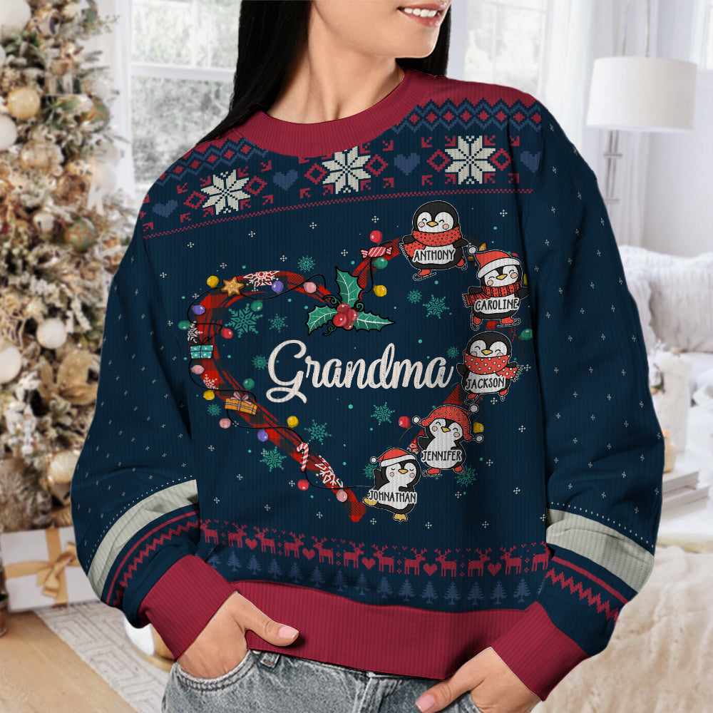 Noël des petits pingouins de grand-mère - Sweat-shirt moche personnalisé pour la famille - Pull en laine unisexe - Cadeau de Noël pour grand-mère et grands-parents