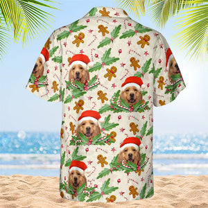 Candy Cane & Gingerbread Pattern - Dog & Cat Personalized Custom Unisex Hawaiian Shirt - Upload Image, Dog Face, Cat Face - Summer Vacation Gift, Gift For Pet Owners, Pet Lovers