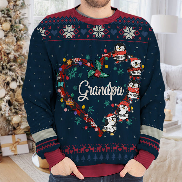 Noël des petits pingouins de grand-mère - Sweat-shirt moche personnalisé pour la famille - Pull en laine unisexe - Cadeau de Noël pour grand-mère et grands-parents
