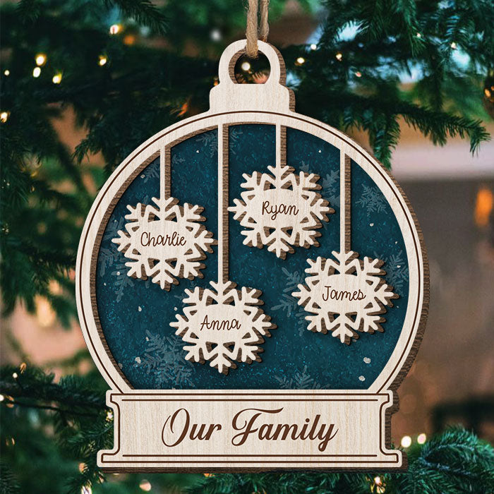 Snowflakes Falling In Love - Personalized Custom Snow Globe Shaped 2 Layered Wood Christmas Ornament - Gift For Family Members, Christmas Gift