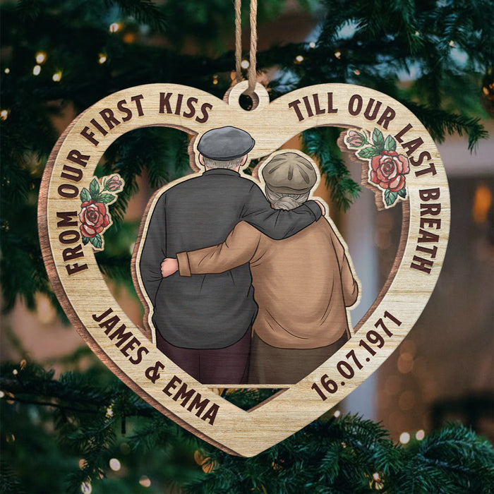 Du premier baiser jusqu'au dernier souffle - Décoration de Noël en bois personnalisée en forme de cœur - Cadeau pour couple, mari et femme, anniversaire, fiançailles, mariage, cadeau de mariage, cadeau de Noël