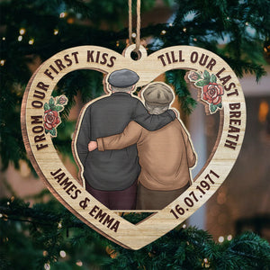 Du premier baiser jusqu'au dernier souffle - Décoration de Noël en bois personnalisée en forme de cœur - Cadeau pour couple, mari et femme, anniversaire, fiançailles, mariage, cadeau de mariage, cadeau de Noël