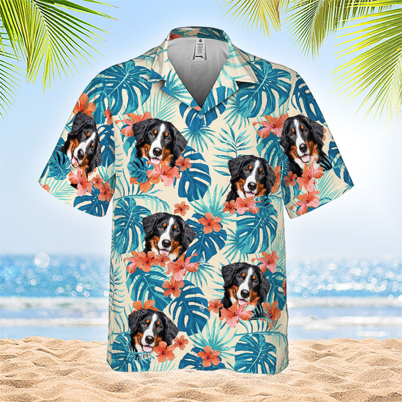 Fleurs et feuilles tropicales colorées - T-shirt hawaïen unisexe personnalisé pour chien et chat - Télécharger une image, visage de chien, visage de chat - Cadeau vacances d'été, cadeau pour propriétaires d'animaux, amoureux des animaux