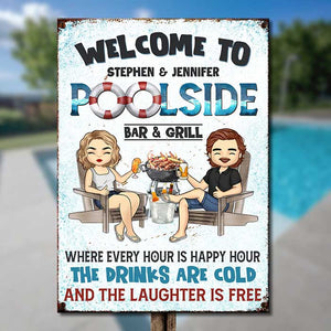 Bienvenue au Poolside Bar &amp; Grill – Plaque métallique personnalisée – Cadeau pour couple, mari et femme