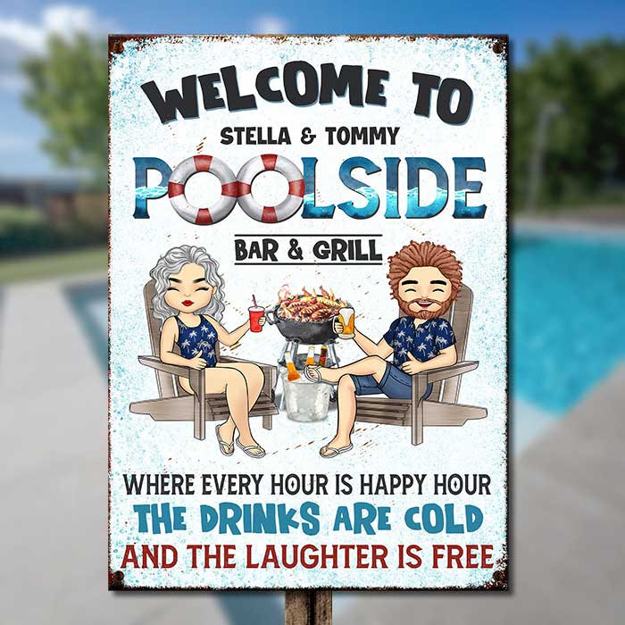 Bienvenue au Poolside Bar &amp; Grill – Plaque métallique personnalisée – Cadeau pour couple, mari et femme