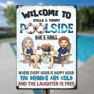 Bienvenue au Poolside Bar &amp; Grill – Plaque métallique personnalisée – Cadeau pour couple, mari et femme
