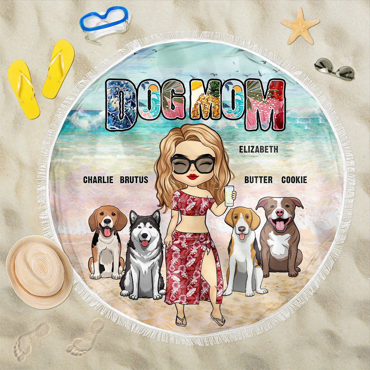 Maman chien, c'est l'heure de la plage ! Serviette de plage ronde personnalisée. Cadeau pour maman chien.