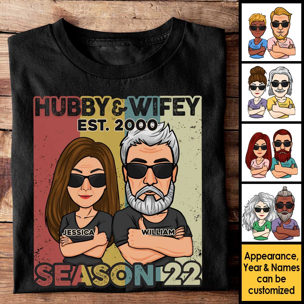 Saison Hubby &amp; Wifey - T-shirt unisexe personnalisé, sweat à capuche, sweat-shirt - Cadeau pour couple, mari et femme, anniversaire, fiançailles, mariage, cadeau de mariage