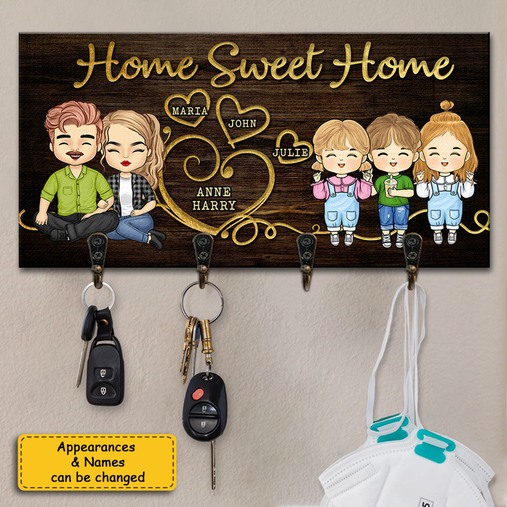 Home Sweet Home - Porte-clés personnalisé, porte-clés - Cadeau pour couples mari femme 4-5 crochets à clés Panneau familial décoratif en bois avec crochets Porte-clés pour décoration murale (homme-femme)