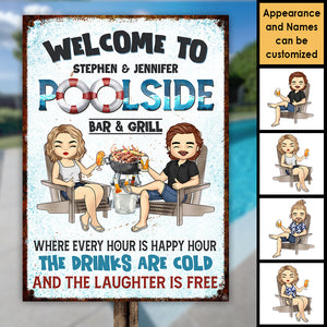 Bienvenue au Poolside Bar &amp; Grill – Plaque métallique personnalisée – Cadeau pour couple, mari et femme