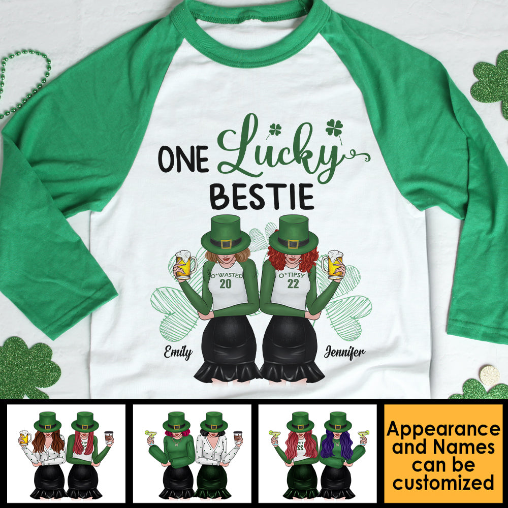 One Lucky Bestie - Gift For Besties, Personalized St. Patrick's Day Unisex Raglan Shirt.